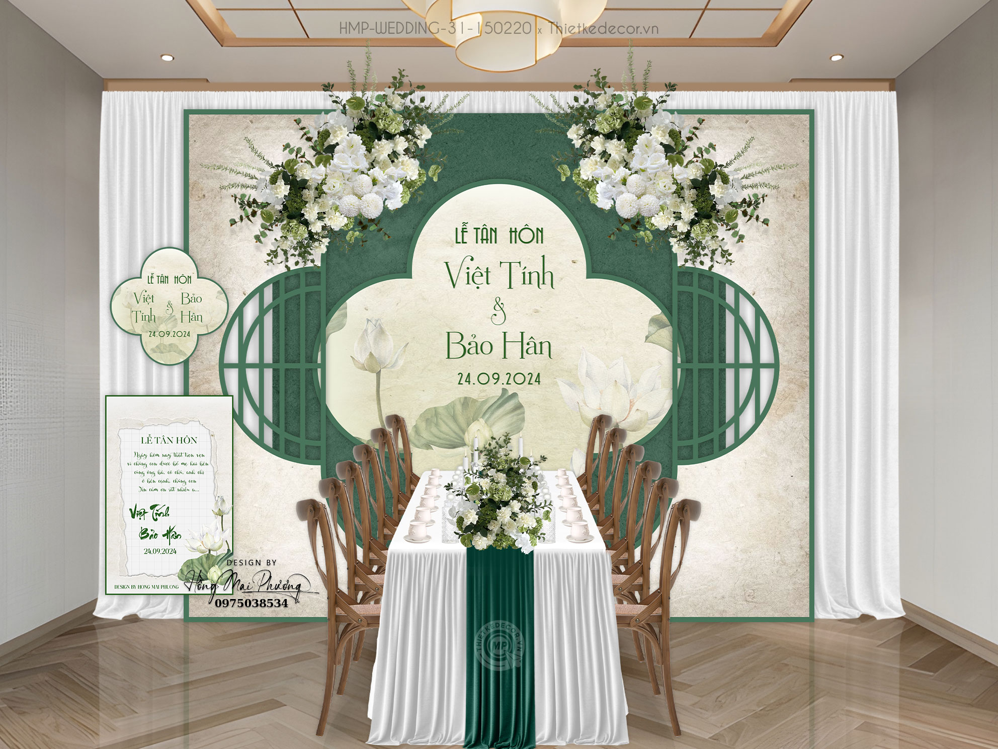 Gia tiên tone xanh lá họa tiết hoa sen vintage kèm tag bàn và tem nước